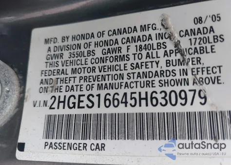 2005 Honda Civic Lx z USA, uszkodzony, nr VIN 2HGES16645H630979